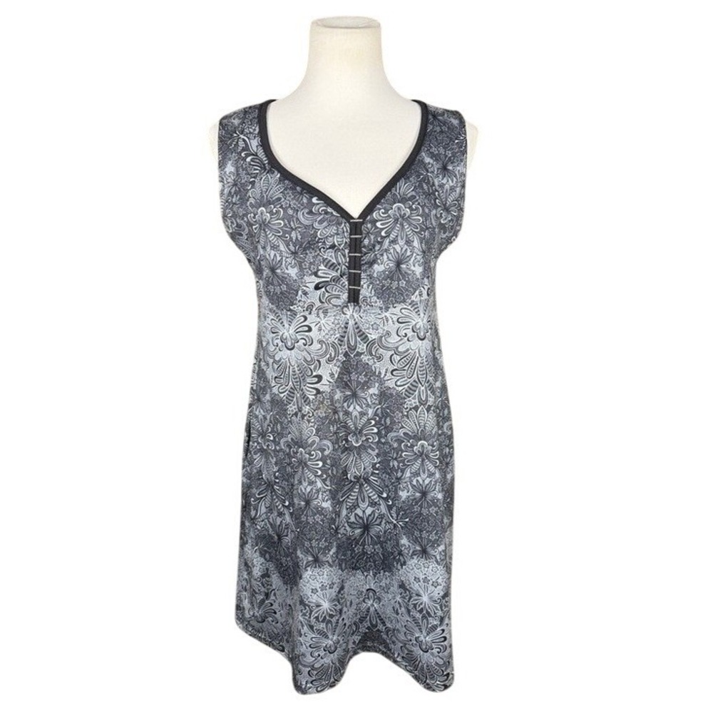 Gerry Ladies Dress Large Black White Paisley‎ Floral V-Neck Sleeveless Stretch L